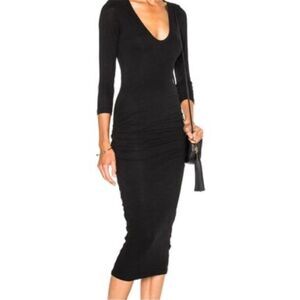 JAMES PERSE Ruched T-Shirt Dress Black 3/4 Sleeve  Bodycon Skinny  Sz 4 L NEW